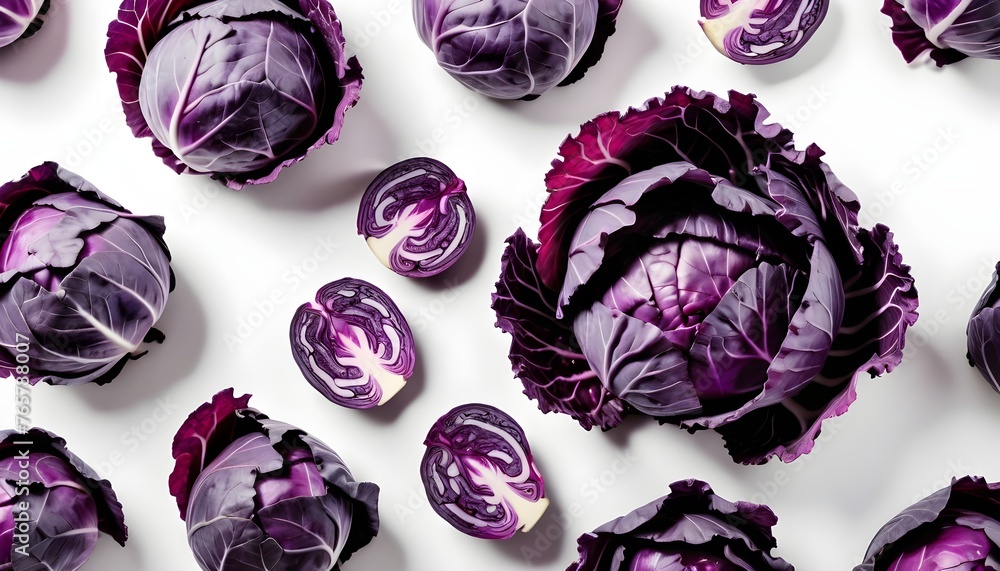 purple cabbage over white backdrop - obrazy, fototapety, plakaty 