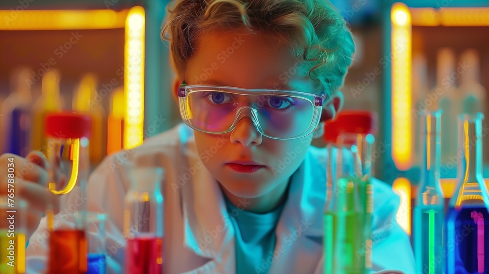 Young child chemist, in white lab coat and protective chemistry goggles, conducts scientific experiments. Surrounded by glassware and equipment, test tubes and flasks Young child chemist, in white lab coat and protective chemistry goggles, conducts scientific experiments. Surrounded by glassware and equipment, test tubes and flasks
