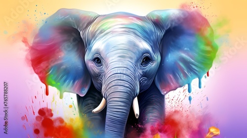 Elephant with colorful paint splashes on colorful background. Digital painting.