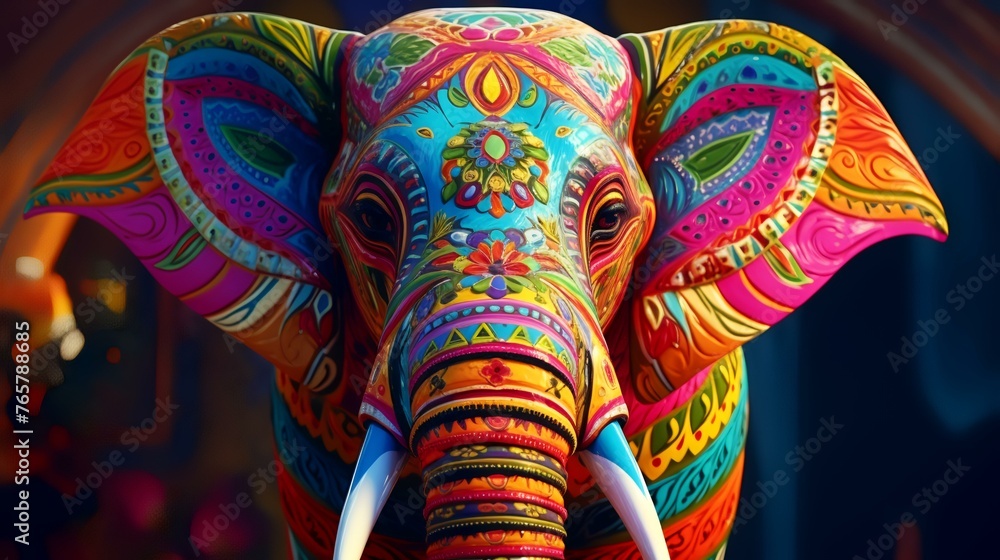 Elephant head decorated with colorful patterns. Closeup of colorful elephant head.