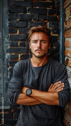 Portrait of Caucasian attractive man against background of black brick wall