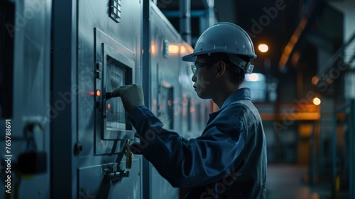 Engineers and factory managers wearing safety helmet inspect the machines in the production. inspector opened the machine to test the system to meet the standard. machine, maintenance