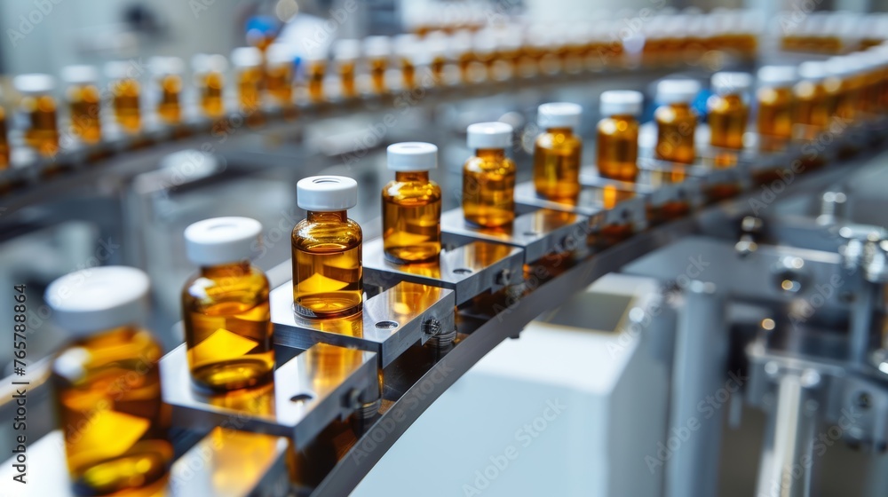 Fototapeta premium Medical vials on production line at pharmaceutical factory, Pharmaceutical machine working pharmaceutical glass bottles production line, health care, pandemic.