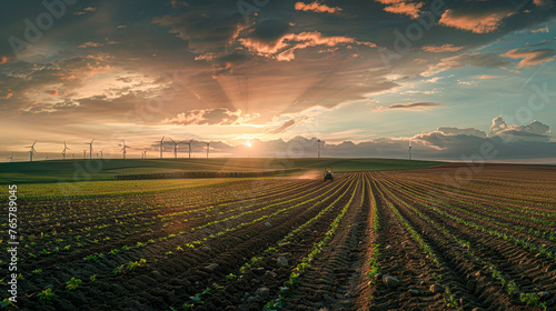 A field of crops is being harvested by a tractor. The sun is setting in the background, casting a warm glow over the scene. The sky is filled with clouds, creating a moody atmosphere
