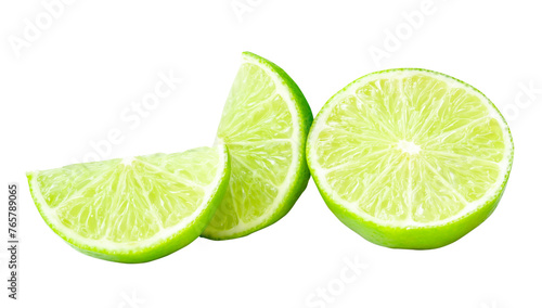 Front view of fresh green lemon half with slices or quarters isolated with clipping path in png file format
