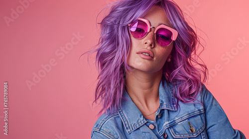 Wallpaper Mural A woman with purple hair and pink sunglasses is wearing a blue denim jacket. She is standing in front of a pink background Torontodigital.ca