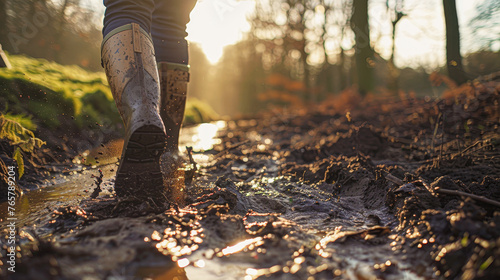 A person is walking through a muddy field with their boots in the water. The scene is peaceful and serene  with the sun shining down on the wet ground