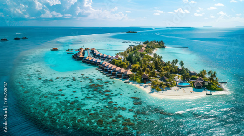 Aerial view of tropical island with water bungalows at Maldives
