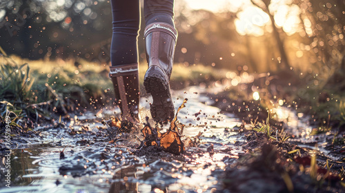 A person is walking through a muddy field with their feet splashing water. The scene has a sense of adventure and playfulness, as the person is enjoying the outdoors despite the muddy conditions photo