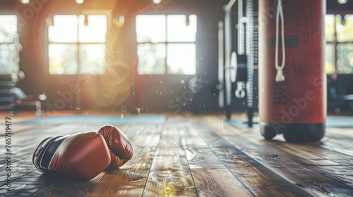 A pair of boxing gloves are on a wooden floor in a gym. The gloves are red and black, and they are laying on the floor. The gym is empty, and the only other object in the room is a punching bag photo
