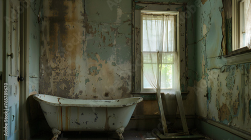 Old peeling claw foot bathtub in an abandoned old house © Koihime