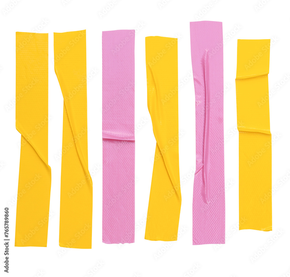 Top view set of wrinkled yellow and pink adhesive vinyl tape or cloth tapes in stripe shape isolated with clipping path in png file format Top view set of wrinkled yellow and pink adhesive vinyl tape or cloth tapes in stripe shape isolated with clipping path in png file format