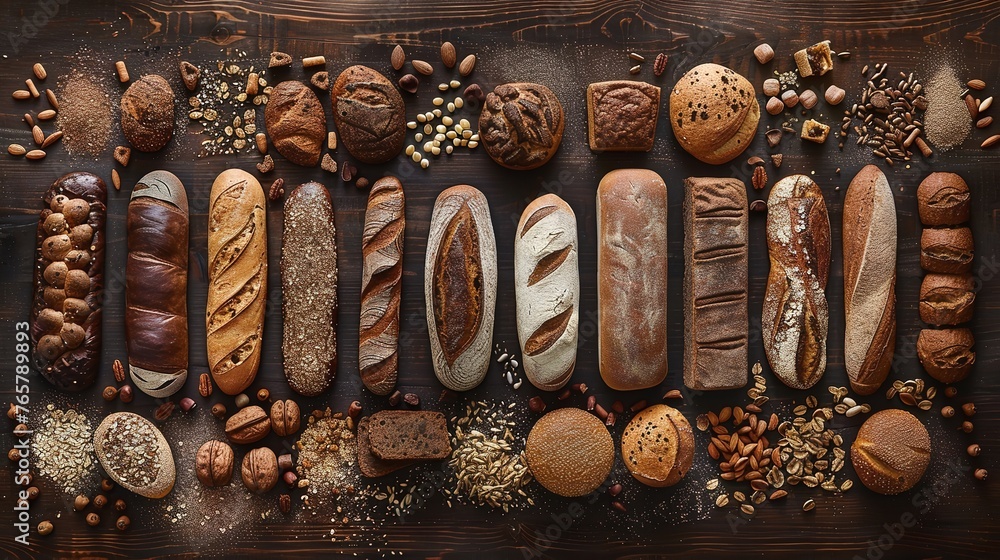 a panoramic spread of various breads, ranging from rustic sourdough to delicate pastries - obrazy, fototapety, plakaty 