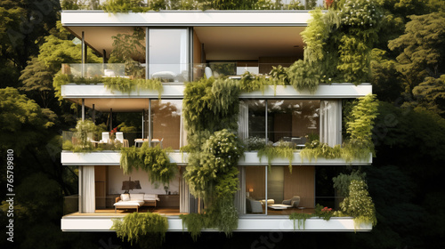 Modern minimalist eco friendly building with large windows, full of trees and plants, green concept, Eco-friendly building modern city sustainable glass building Ecology concept Office building