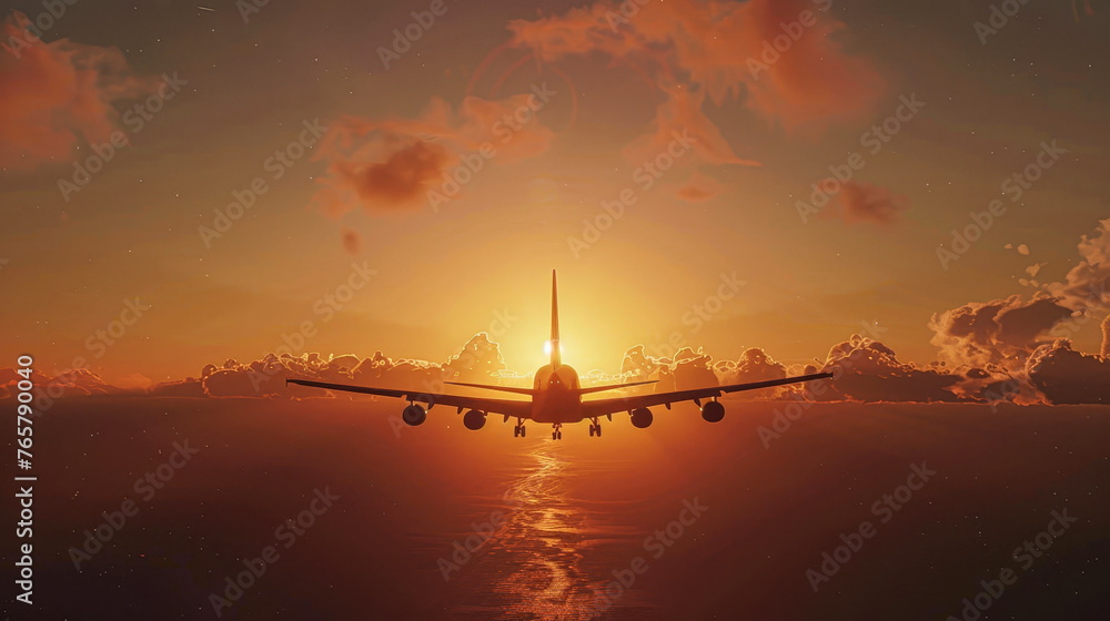 A plane is flying over the ocean at sunset. The sky is filled with clouds and the sun is setting, creating a beautiful and serene atmosphere A plane is flying over the ocean at sunset. The sky is filled with clouds and the sun is setting, creating a beautiful and serene atmosphere