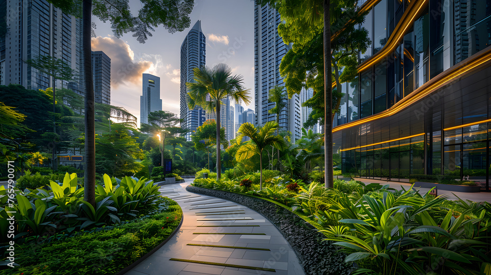 A walkway in a park leads towards a city skyline with skyscrapers. A walkway in a park leads towards a city skyline with skyscrapers.