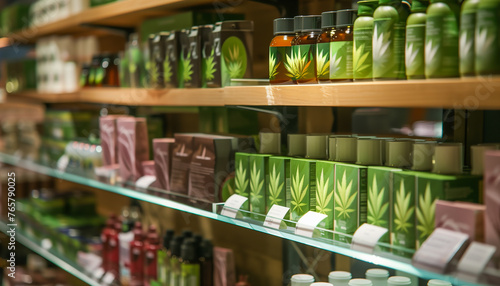 
Cannabis products with the characteristic branding of cannabis leaves on a shelf of dispensary, shop, pharmacy. Medical marijuana and CBD products photo