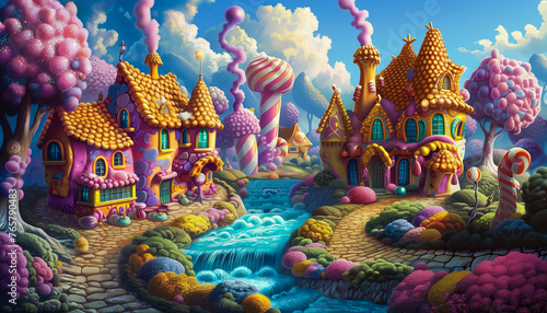 Illustration of a village made of candy and cotton candy, colorful with houses made of confectionery delights and a flowing river photo