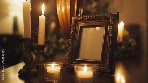 an elegant still life scene featuring a classic photo frame with intricate patterns