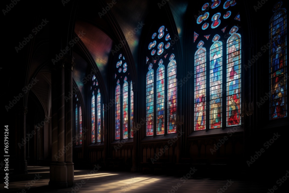 Stained glass windows from inside a cathedral. The vibrant colors and detailed designs create a mesmerizing play of light, evoking a sense of spirituality and awe-inspiring grandeur.