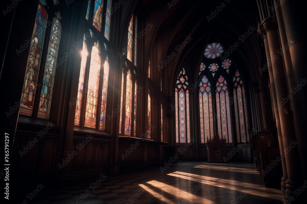 Stained glass windows from inside a cathedral. The vibrant colors and detailed designs create a mesmerizing play of light, evoking a sense of spirituality and awe-inspiring grandeur.