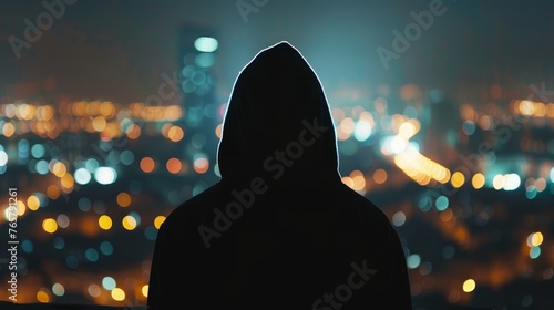 A person wearing a hoodie looks at the city at night photo