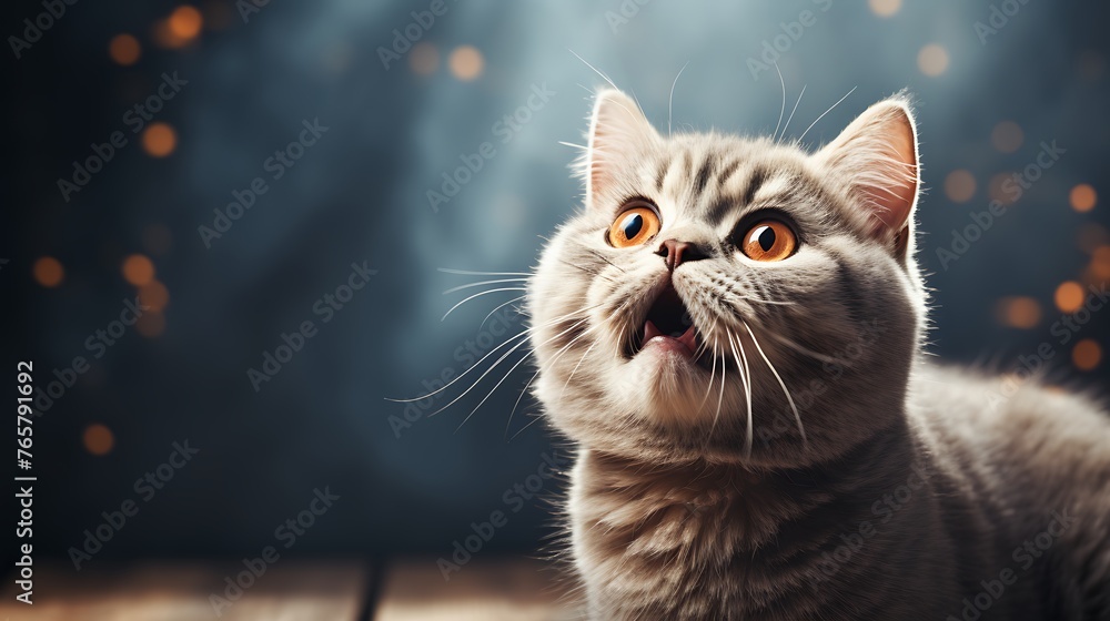 Cute cat with orange eyes on dark background with bokeh