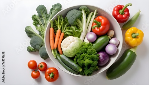 bowl full of raw organic vegetables on white background