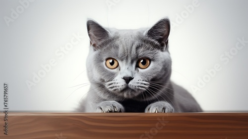 Cute british shorthair cat lying on a wooden table and looking at the camera © TAMA KUN