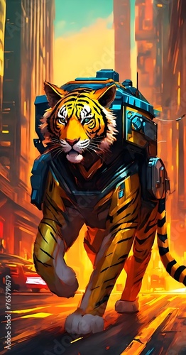  a tiger with a blue body is walking on fire