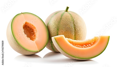 Fresh cantaloupe melon with slices isolated on white background.
