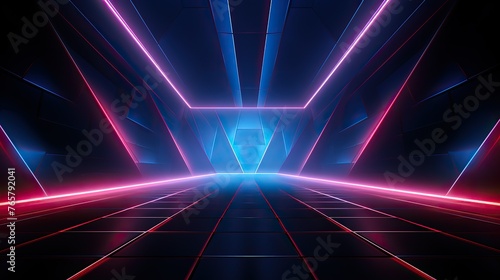 Abstract beautifull neon background with glowing lines, empty room interior design. Abstract geometric shapes, blue and red lights in a dark space,  © ofri