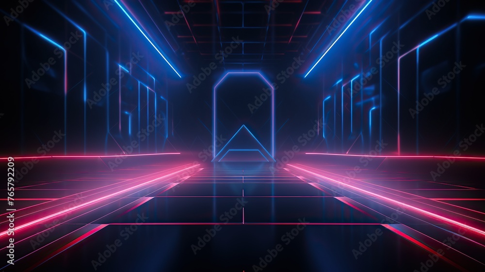 Abstract beautifull neon background with glowing lines, empty room interior design. Abstract geometric shapes, blue and red lights