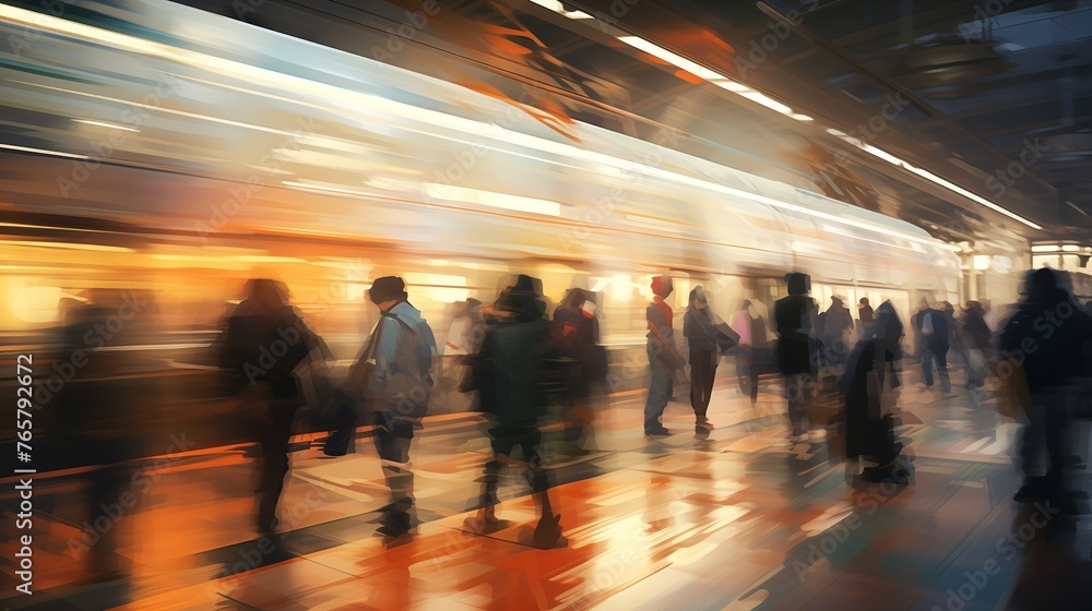 Illustrate the hustle and bustle of a busy modern life during the morning rush hour through motion blur 