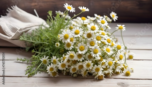 white uncultivated wild chamomile on a wooden table photo