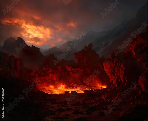a lava flow with a sunset and a volcano in the background