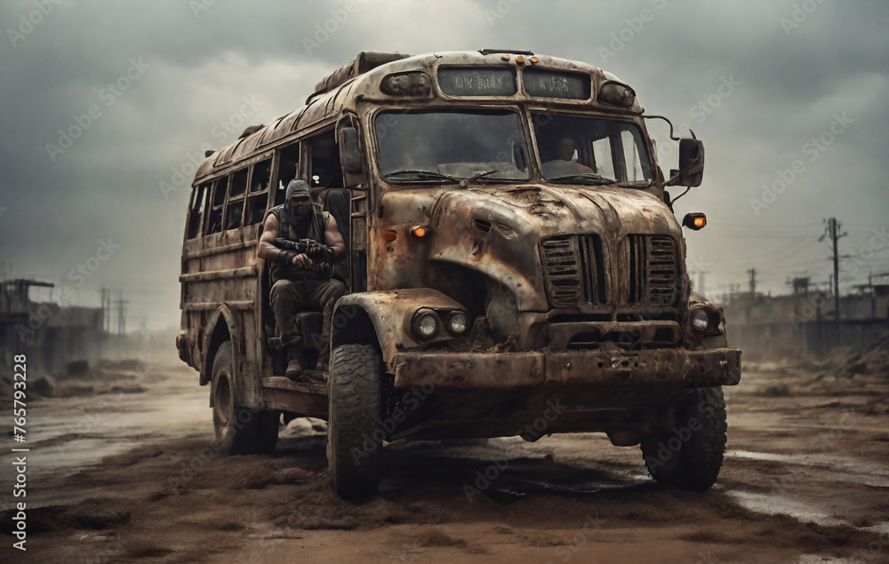 Fototapeta premium A bus driver in a post-apocalyptic world, driving a makeshift armored bus through a desolate wasteland, with a fierce determination to protect their passengers from the dangers of the new world