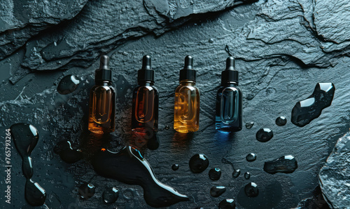 glass dropper bottles with skincare oils on a wet dark slate surface