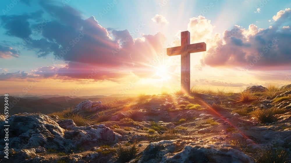 Eyecatching Cross silhouette on the top of a mountaintop with a sunset background Eyecatching Cross silhouette on the top of a mountaintop with a sunset background