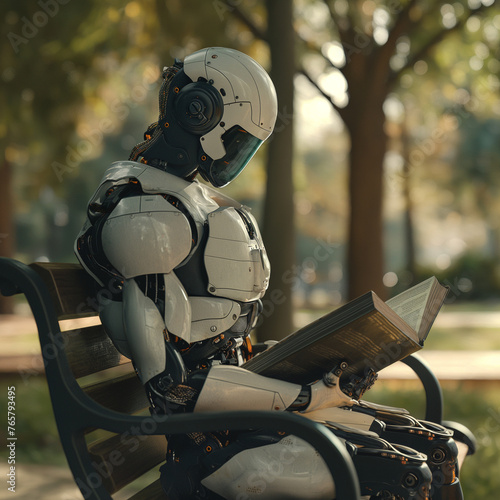 robot sits on a bench and reads a book in a park. Tehnology in future.