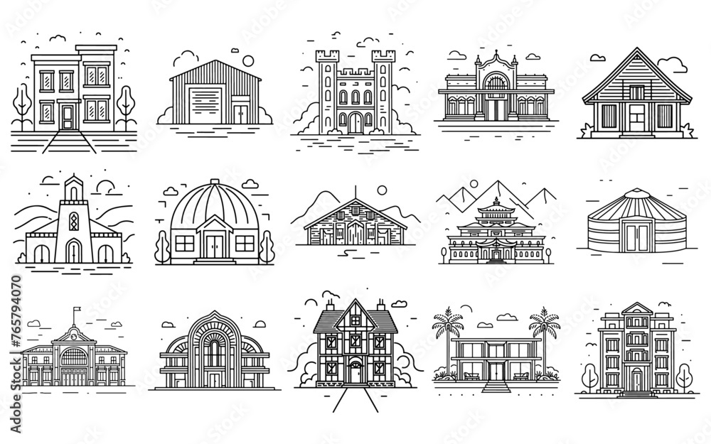 Modernes Vektorgrafik-Bundle: 15 atemberaubende Lineart Illustrationen globaler Gebäude