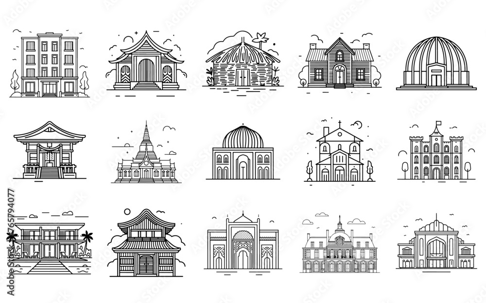 Modernes Vektorgrafik-Bundle: 15 atemberaubende Lineart Illustrationen globaler Gebäude
