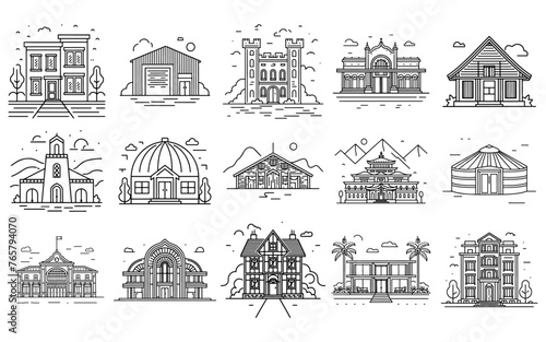 Modernes Vektorgrafik-Bundle: 15 atemberaubende Lineart Illustrationen globaler Gebäude
