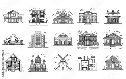 Modernes Vektorgrafik-Bundle: 15 atemberaubende Lineart Illustrationen globaler Gebäude