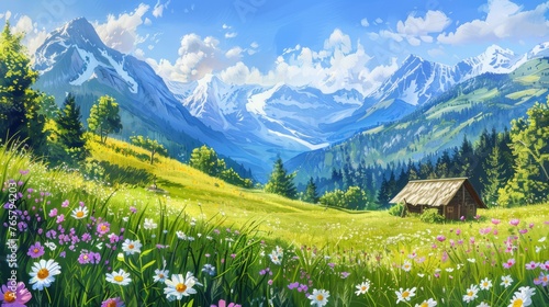 Idyllic landscape in the Alps with blooming meadows in summer © Artem
