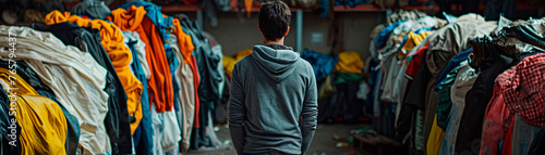 In the background, a worker stands and selects a large pile of second-hand clothes. photo