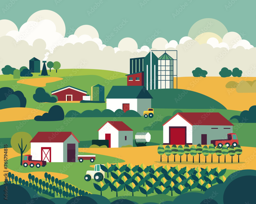illustration of the concept of growing crops and local food production, agriculture, factory in the background, growing on a farm illustration of the concept of growing crops and local food production, agriculture, factory in the background, growing on a farm