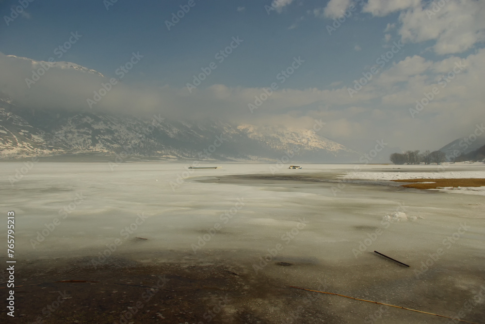 Winter view of the frozen Lake Matese, Campania, Italy Winter view of the frozen Lake Matese, Campania, Italy