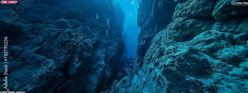 Sunlit Underwater Crevice with Scuba Diver Exploring