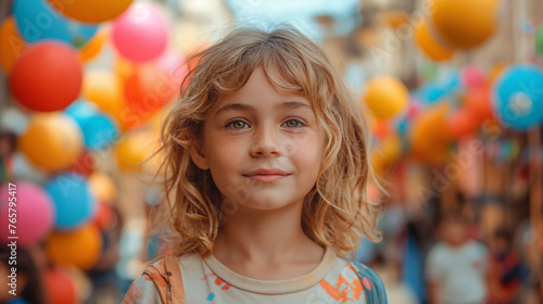 Portrait of a Content Girl with Colorful Balloons on Children's Day